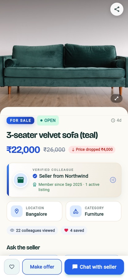 A sofa listed by a verified colleague